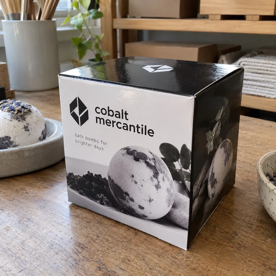 Custom bath bomb boxes with a brand's logo