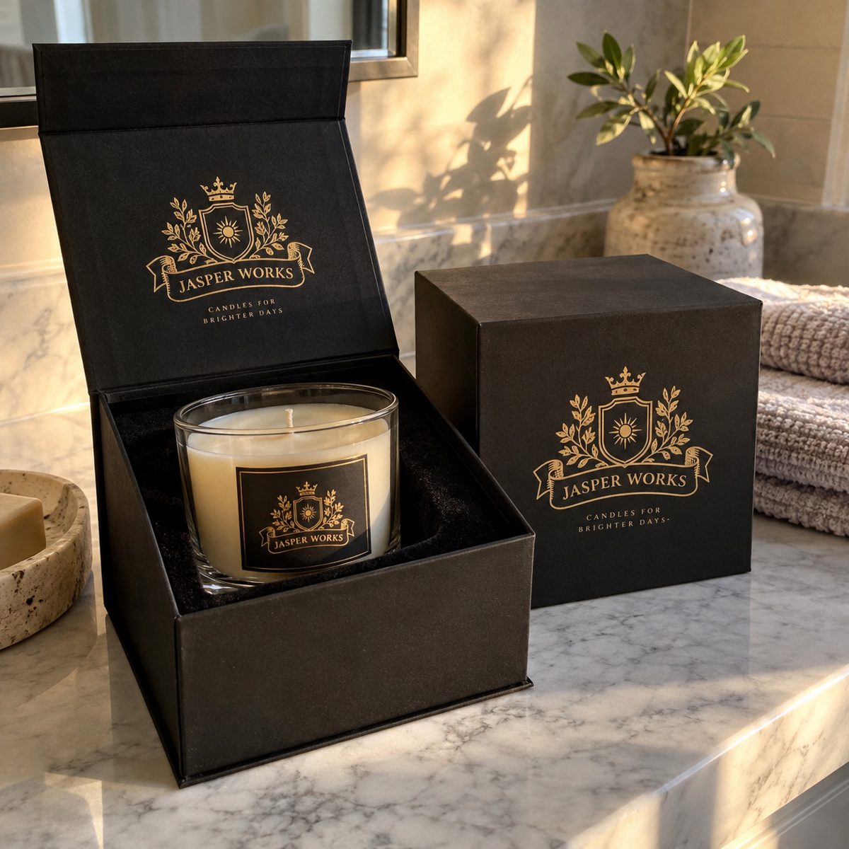 Black rigid magnetic gift box with a gold foil crest, holding a candle